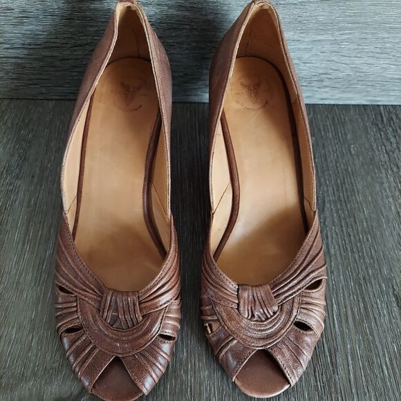 Vintage Frye Brown Leather Peep Toe Slip On Heels Shoes Size 7 - Picture 3 of 9